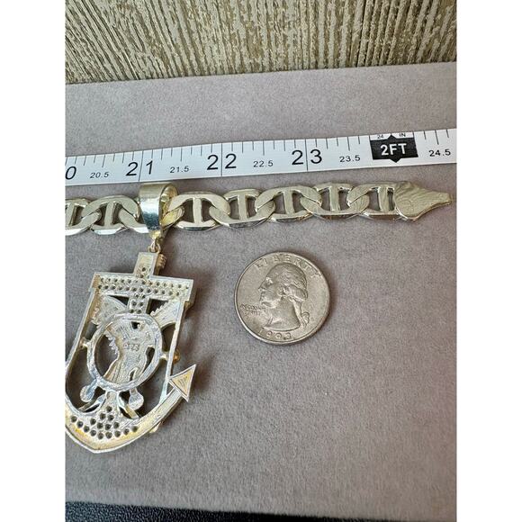 Moissanite Anchor Pendant, 24" 12mm GG Link Silver Chain - Picture 3 of 9